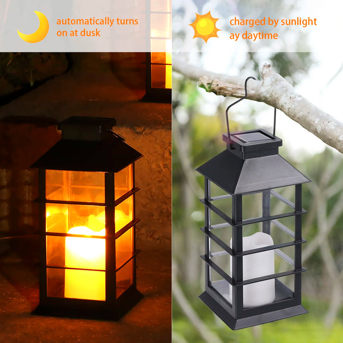 Solar Powered Lantern Light Outdoor Flickering Flame Fire Candle LED Lamp Hanging Decorative Lighting For Garden Patio Courtyard