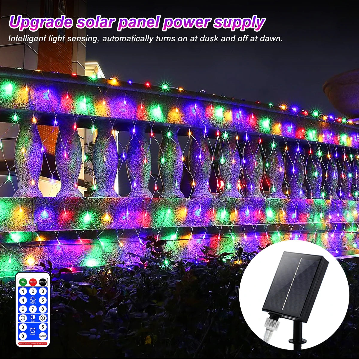1pc Solar Net Lights Bush Net Lights Mesh Lights 8 Modes Remote Control Auto On/Off Outside Twinkle Lights For Patio Wall Roof