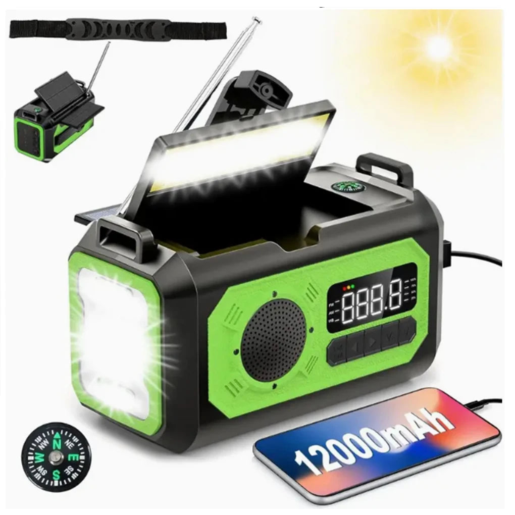 12000mAh Weather Radio AM/FM/NOAA Multifunction Radio Hand Crank Solar Portable Emergency Radio Reading Lamp for Outdoor Camping