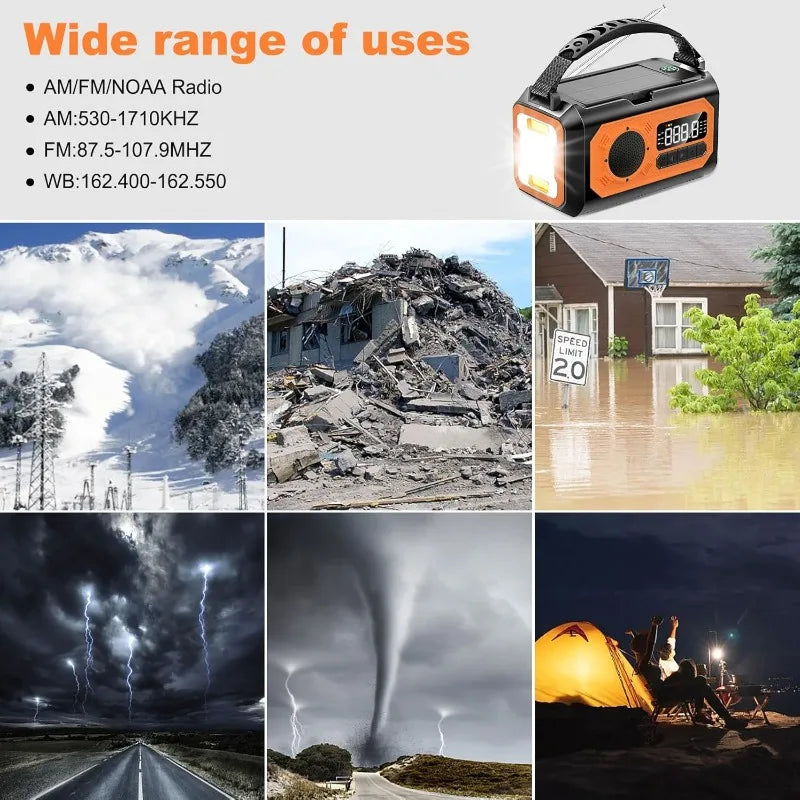 12000mAh Emergency Radio Hand Crank Portable Solar Radio Weather Radio SOS Alarm Flashlight Phone Charger Compass Reading Lamp