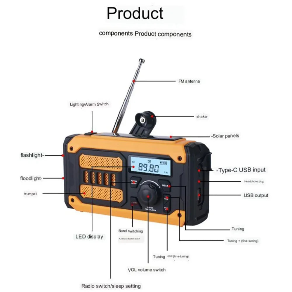 2000mAh Solar Emergency Radio AM FM NOAA Power Bank Portable Weather Radio Multi-band LED Flashlight SOS Outside Radio Universal