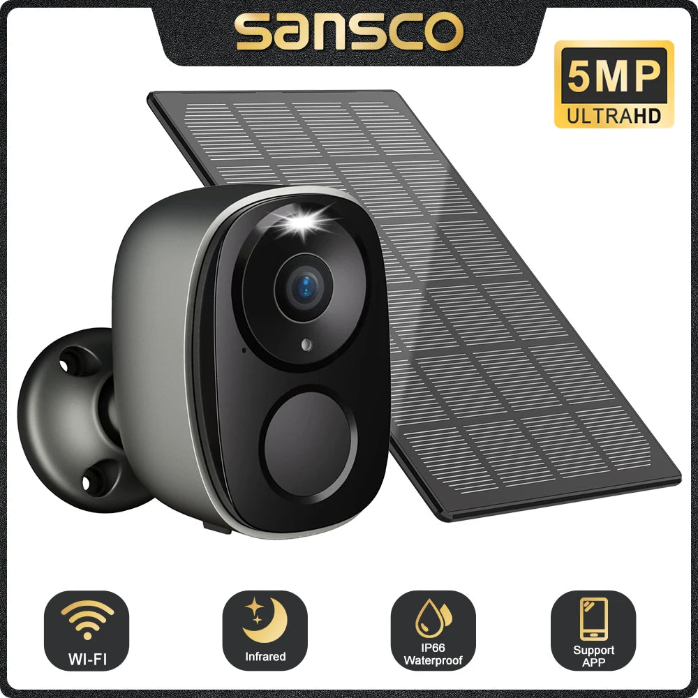 SANSCO 5MP Solar WIFI Surveillance Camera PIR Motion Detection 110° Wide Angle Outdoor Wireless Battery Security Protection CCTV