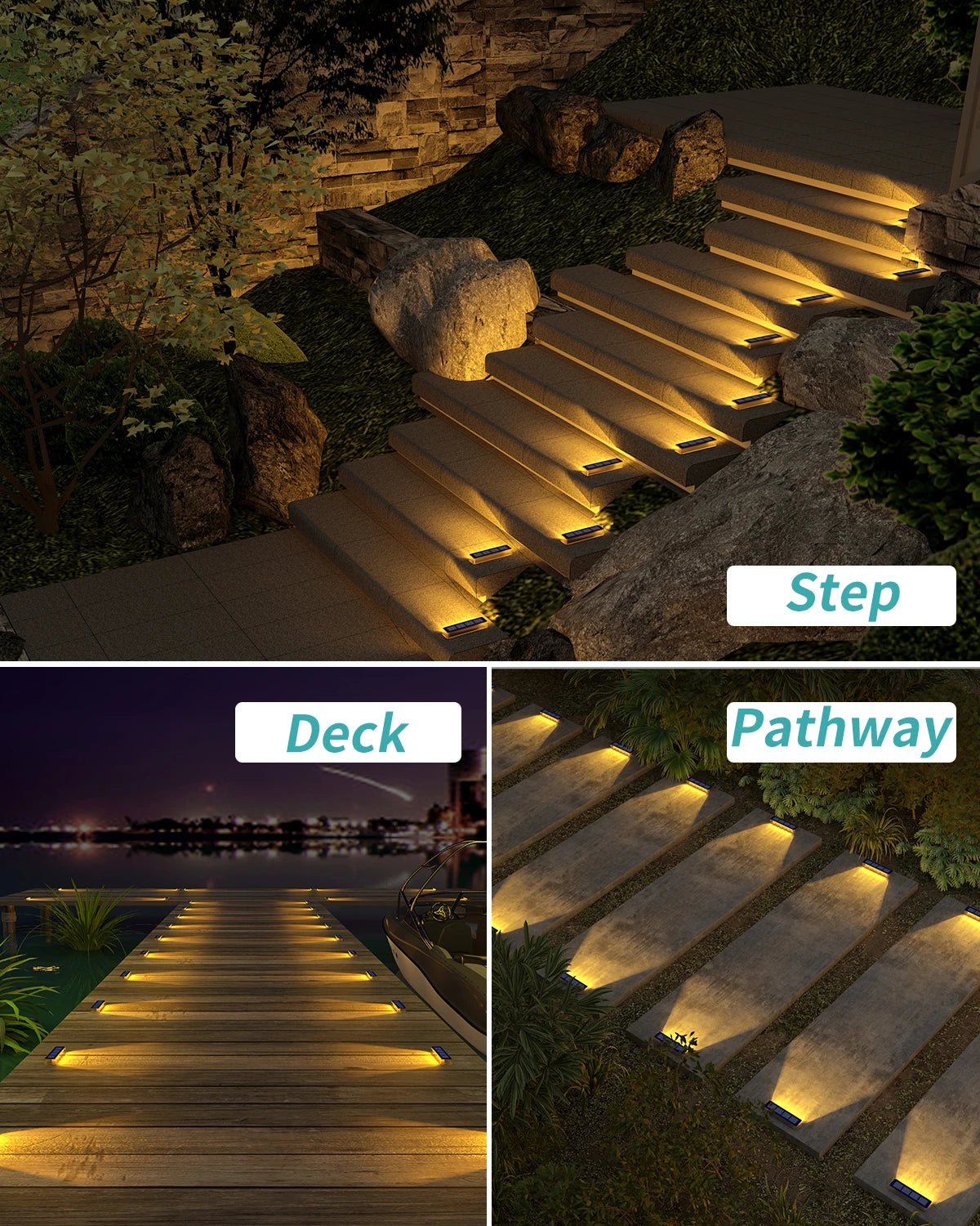Solar LED Step Lights 4 Pack Outdoor IP68 Waterproof high Brightness Stairs Lamp With Lens Decor Lighting For Garden Deck Path