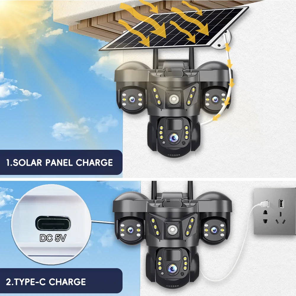 Solar 4G Camera With Sim Card 12MP 6K Three Lens Three Screen Monitor Night Vision Security Protection PTZ Video Surveillance
