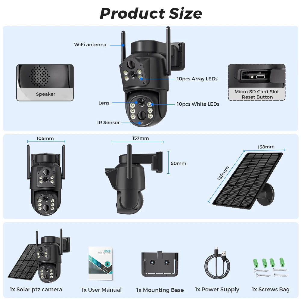 4K 8MP IP Solar Power WiFi Camera PTZ Outdoor IP66 Waterproof 7800mAh Built-in Battery Surveillance Camera PIR Human Detection