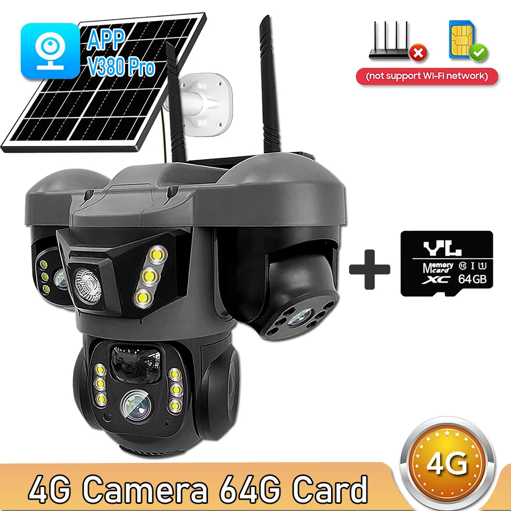 Solar 4G Camera 15MP Triple Lens Triple Screen 10x Zoom Outdoor Waterproof Battery Surveillan PIR Human Detection V380 Pro Cam