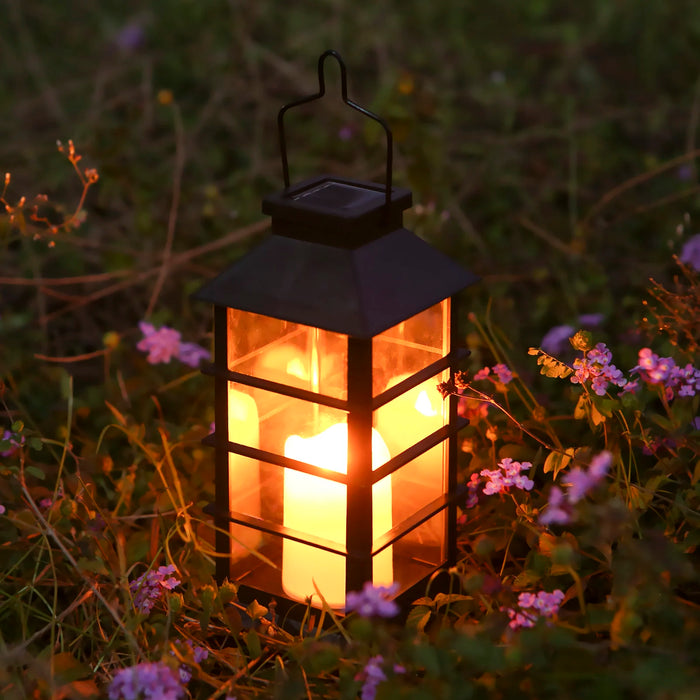 Solar Powered Lantern Light Outdoor Flickering Flame Fire Candle LED Lamp Hanging Decorative Lighting For Garden Patio Courtyard