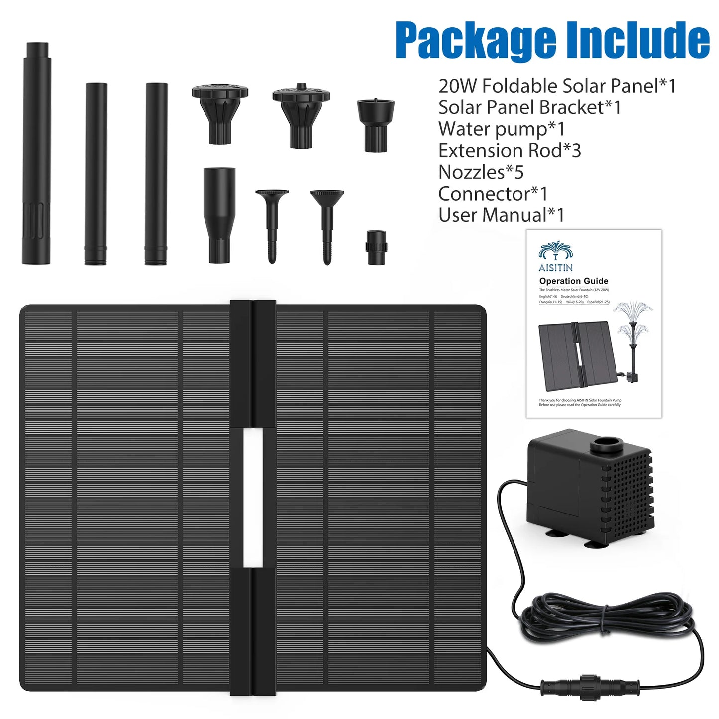 20W Solar Water Pump Foldable Silicone Panels for Garden, Bird Baths, Ponds,Fish Tanks Outdoor Water Feature System with Nozzles