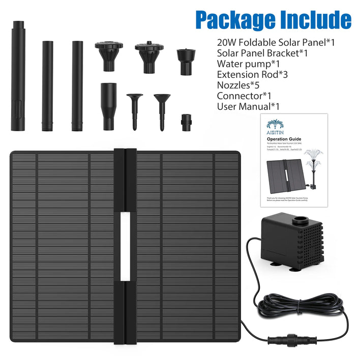 20W Solar Water Pump Foldable Silicone Panels for Garden, Bird Baths, Ponds,Fish Tanks Outdoor Water Feature System with Nozzles
