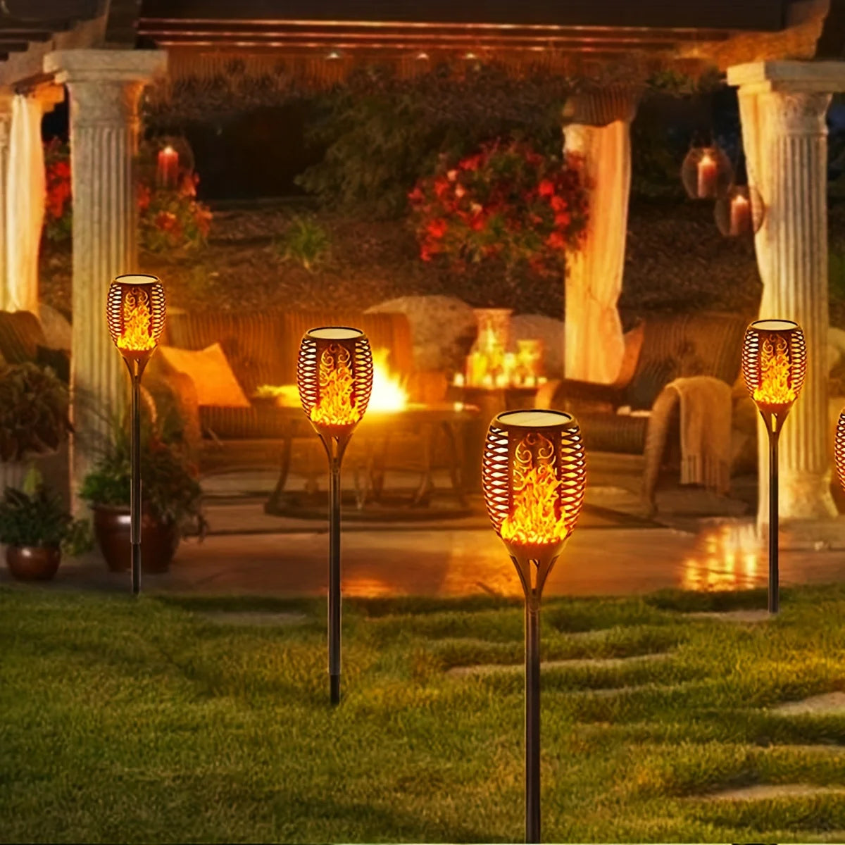 1-12PCS 12LED Solar Flame Torch Light Flickering Light Waterproof Garden Decoration Outdoor Lawn Path Yard Patio Floor Lamp