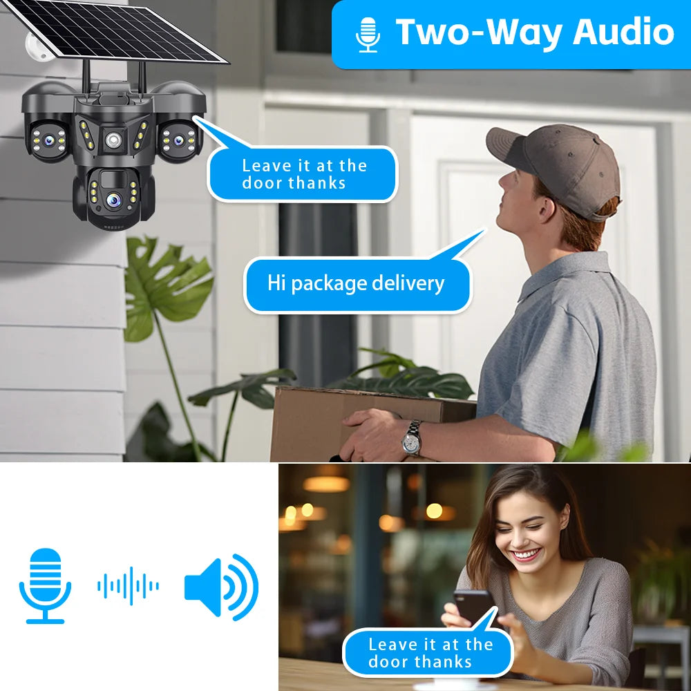 Solar 4G Camera With Sim Card 12MP 6K Three Lens Three Screen Monitor Night Vision Security Protection PTZ Video Surveillance