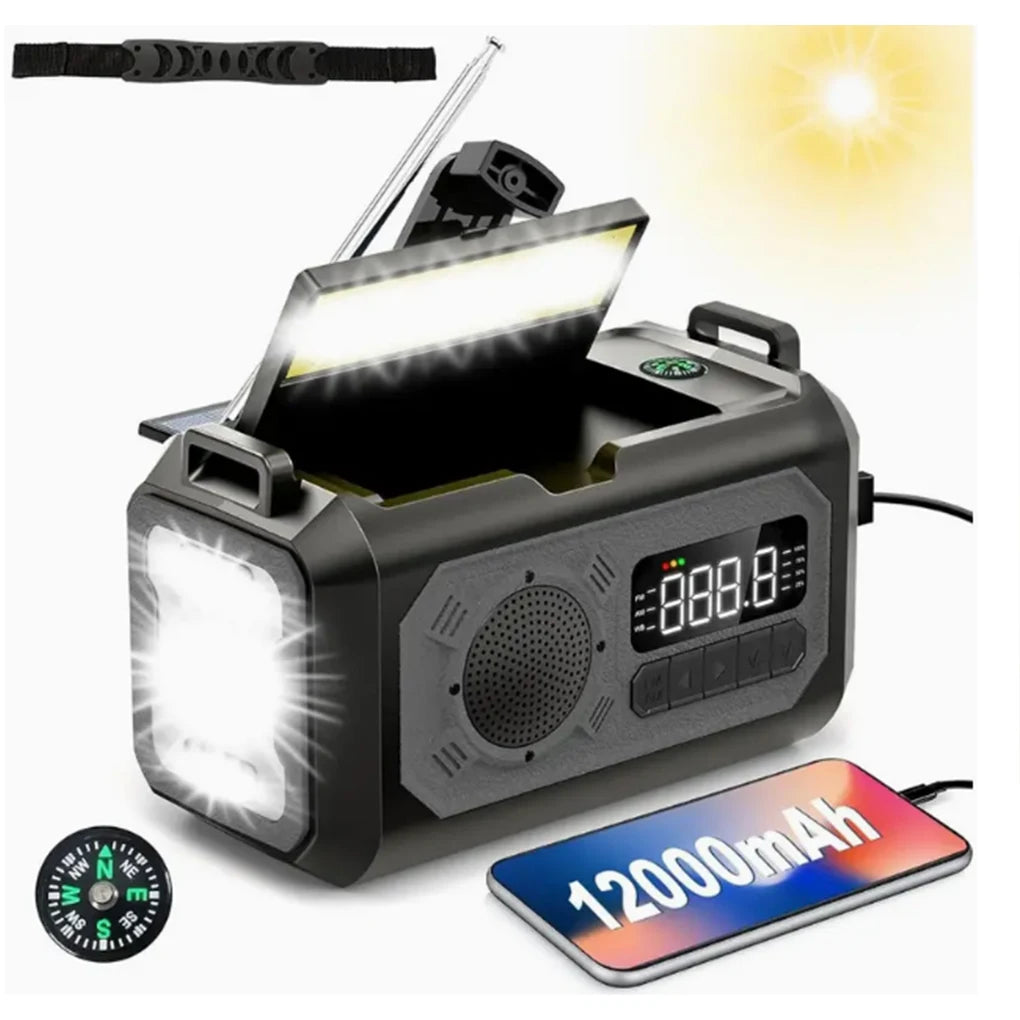12000mAh Weather Radio AM/FM/NOAA Multifunction Radio Hand Crank Solar Portable Emergency Radio Reading Lamp for Outdoor Camping