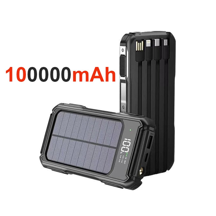 4-in-1 Solar Power Bank Built-in-cables 100000mAh High Capacity Charger Fast Charging Intelligent Digital Display Battery 2025