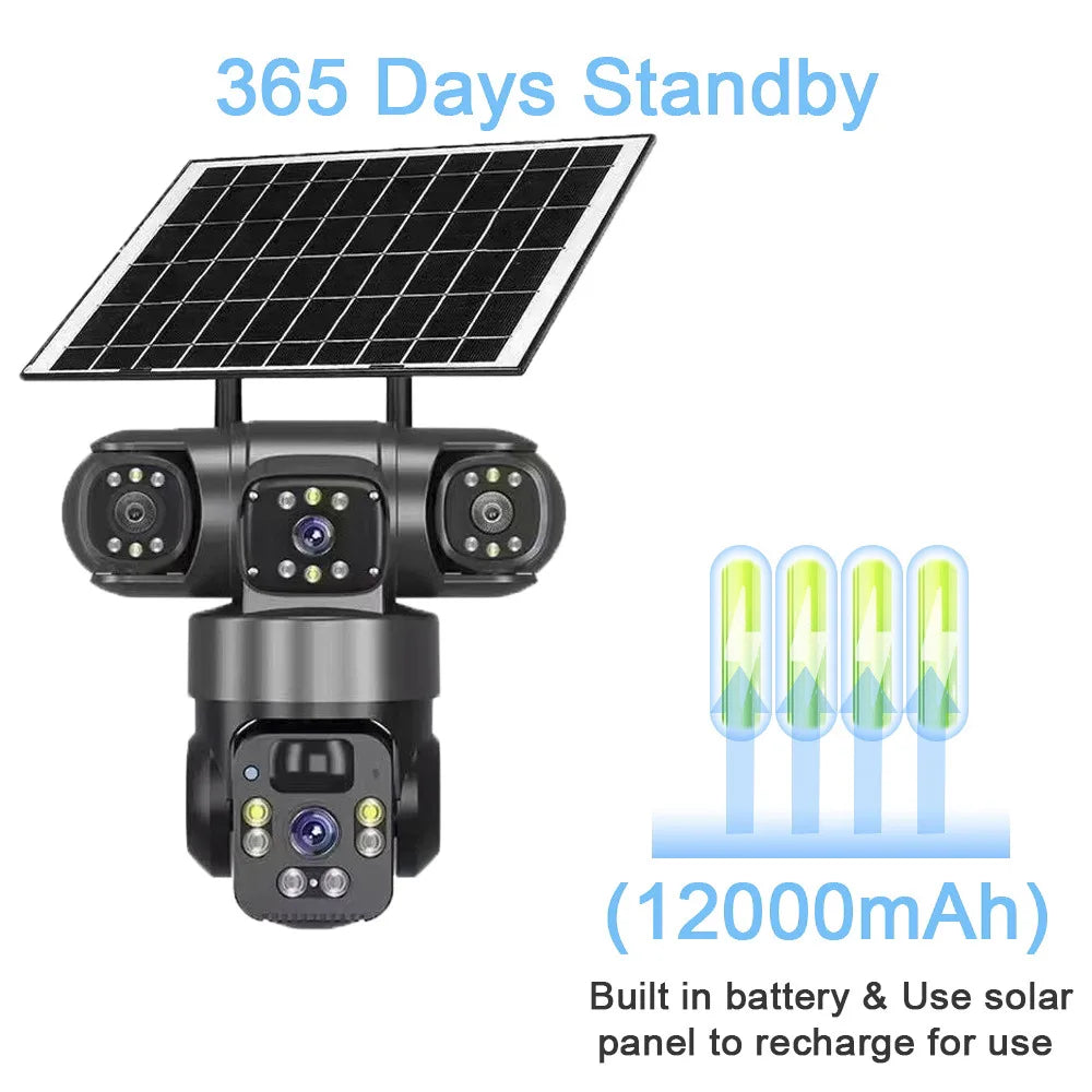 12MP Solar Surveillance Camera Wireless Outdoor 3 Lens Solar IP Camera PIR Color Night Vision Auto Tracking Battery CCTV Camera