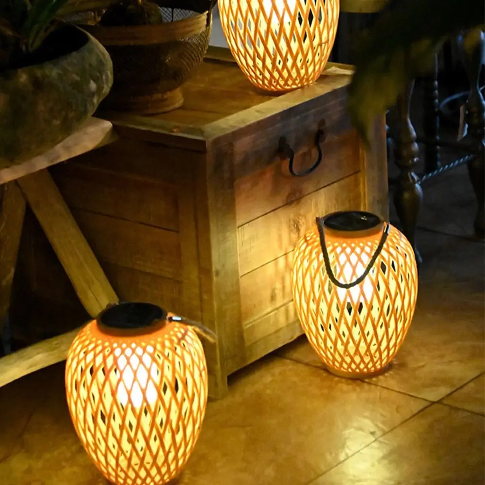 Solar Bamboo Weaving Lantern 600 mAh Waterproof Chinese Lantern Lights LED Garden Decorative Light Warm Light
