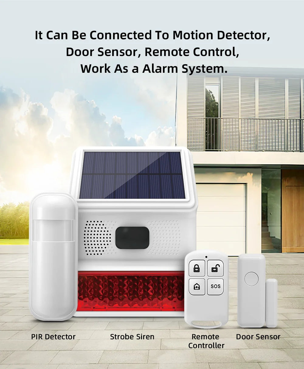 Smarsecur 433MHz Solar Outdoor Waterproof Siren with LED Flashing Light Function as Home Garage Shed Alarm System
