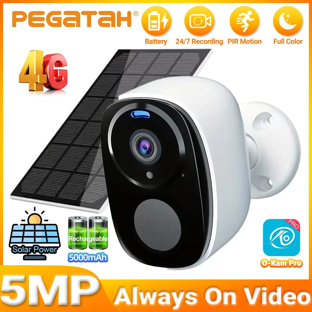4G Solar Camera 5MP Wireless Outdoor Security Camera with Color Night Vision/Waterproof PIR Motion Alarm Solar/Battery Powered