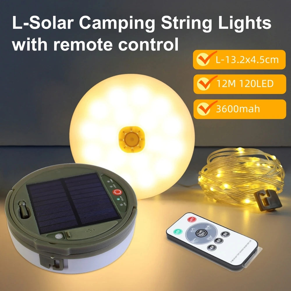 Solar Camping Lamp with String Lights LED Portable Waterproof Tent Lamp with 8 Lighting Modes Hanging Rechargeable Tent Lantern