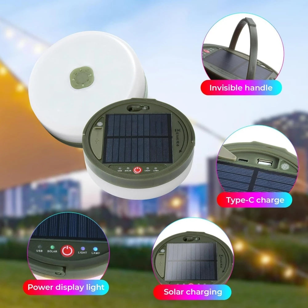 Solar Camping Lamp with String Lights LED Portable Waterproof Tent Lamp with 8 Lighting Modes Hanging Rechargeable Tent Lantern