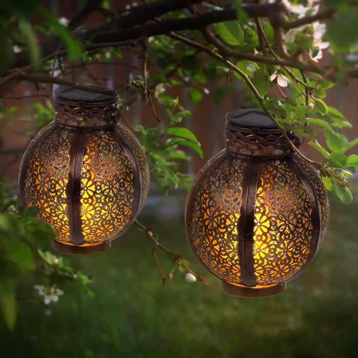 Hanging Solar Lanterns Retro Hollow Solar Lights with Handle Outdoor Solar Garden Lights Decor for Yard Garden Tree Fence Patio