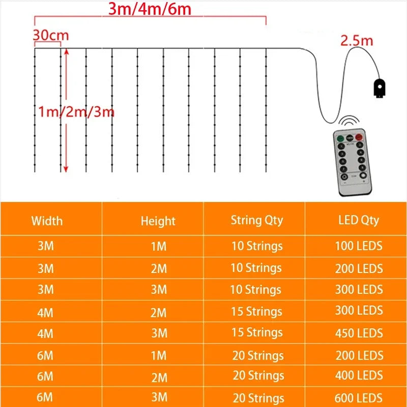 6M/3M LED Curtain Fairy Lights,8 Lighting Modes,Outdoor/Indoor Decoration for Christmas Wedding Party,Garden,Living Room,Bedroom