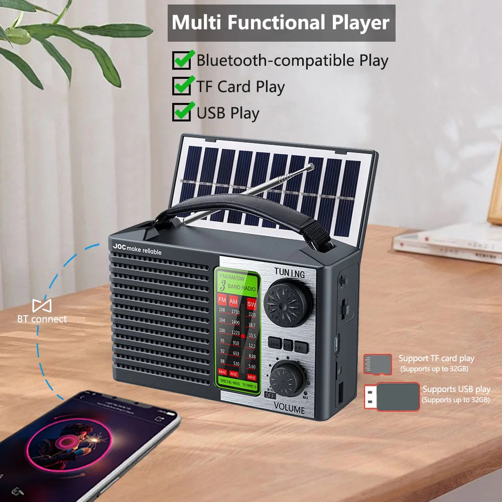 Portable FM AM SW Radio Rechargeable Outdoor Solar Full Band High Sensitivity Radio with LED Illumination and Wireless Speakers