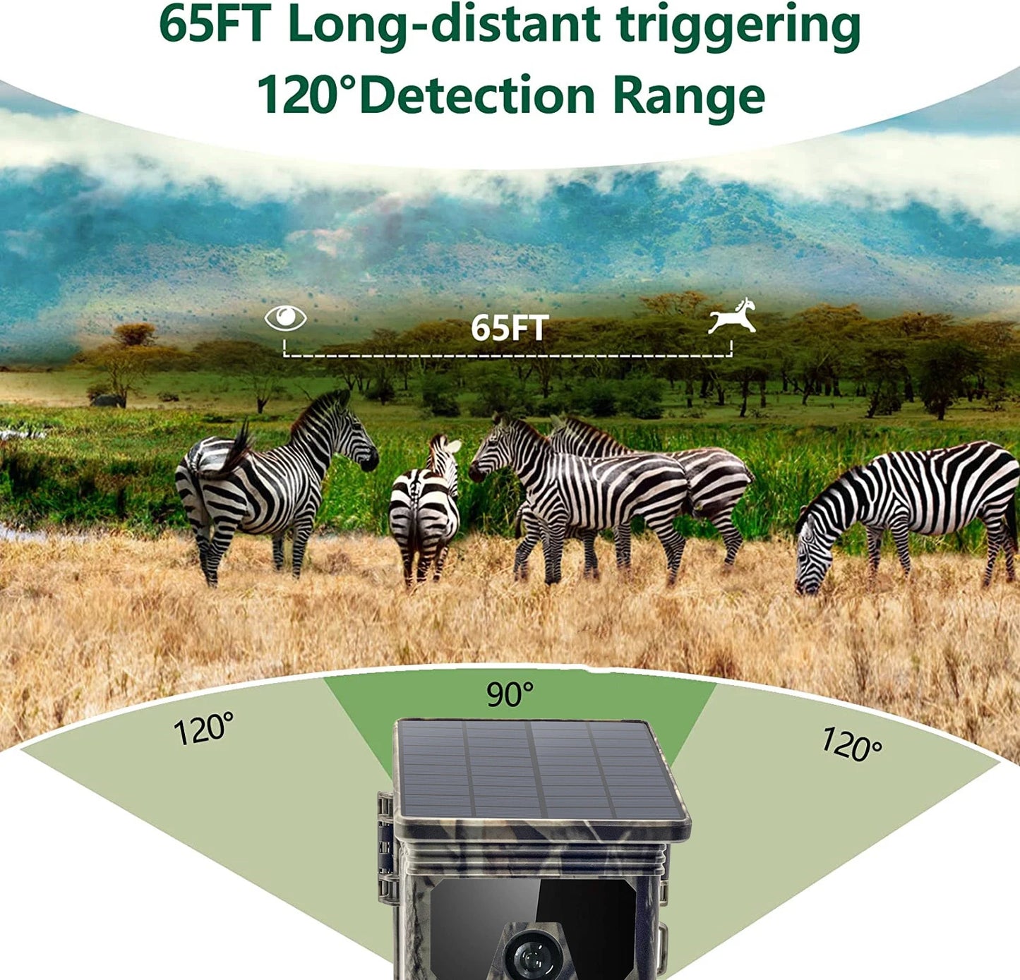 Solar Charging Hunting Camera, Outdoor Game Cam, Night Vision, 120 ° Detection, Wildlife Recording, 2K, 30MP, 4G