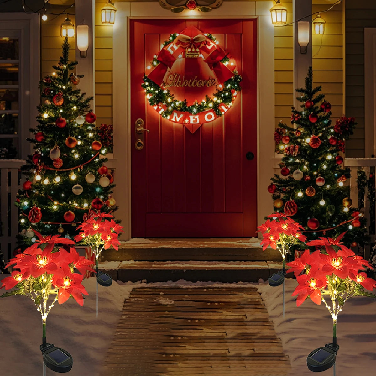 Solar Christmas Flower Lamp LED Warm Light Fashion Red Decoration Flower Poinsettia For Garden Lawn Lamp Holiday Christmas Light