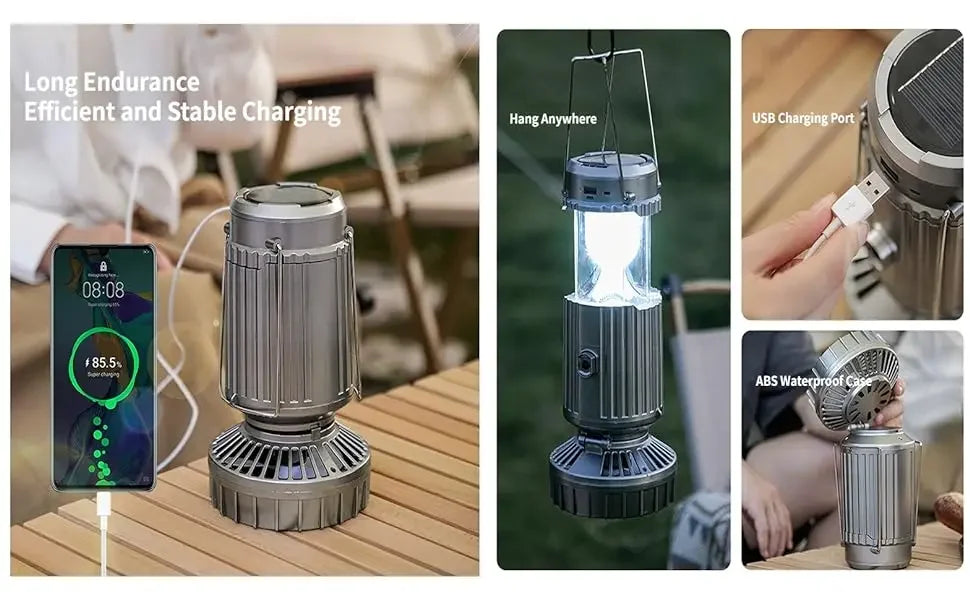 Solar Camping Lantern with Fan USB Rechargeable Camping Fans Outdoor Waterproof Charging Light for Outage Tent Camping Treking