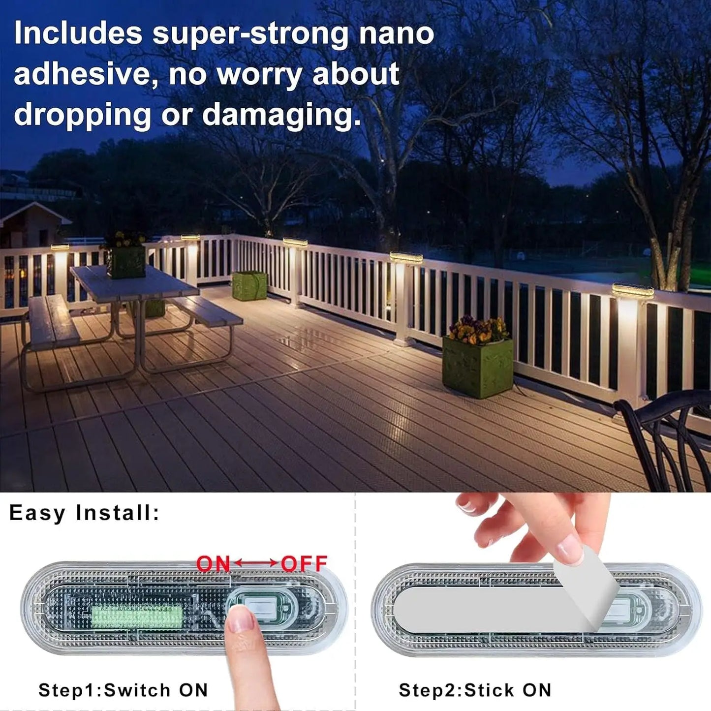 Solar Deck Lights IP68 Waterproof Outdoor Auto On/Off Lighting for Steps Docks Driveways Patios Fences - Solar Powered Lighting
