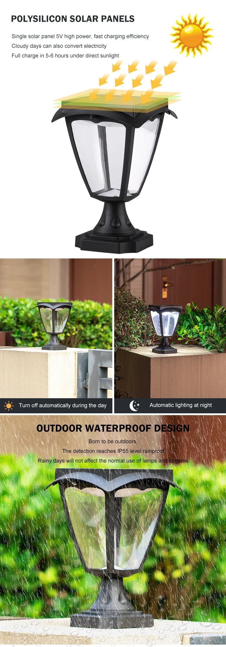 Simple Solar Column Pillar Light Outdoor LED Post Deck Cap Fence Landscape Lamp Waterproof Decor Garden Gate Solar Power Lamp