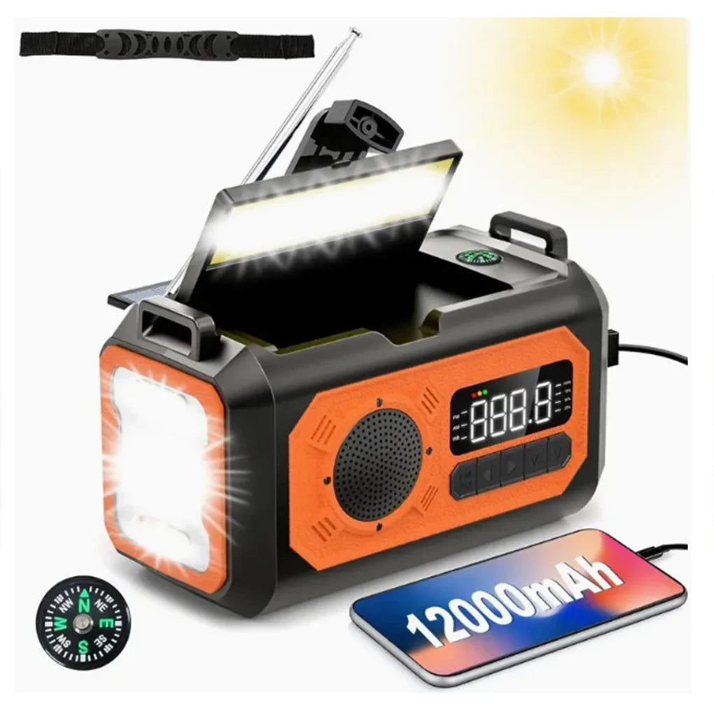 12000mAh Weather Radio AM/FM/NOAA Multifunction Radio Hand Crank Solar Portable Emergency Radio Reading Lamp for Outdoor Camping