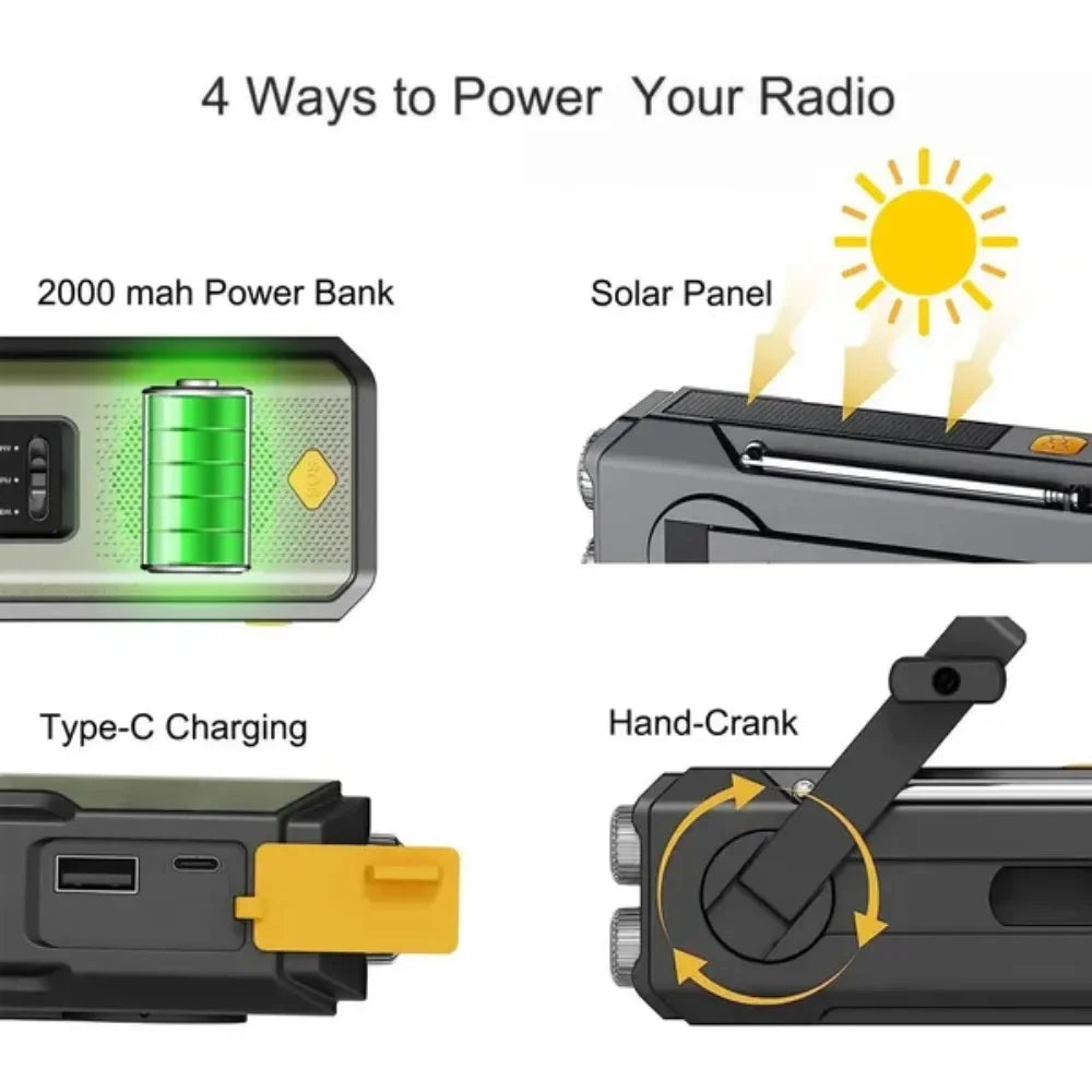 2000mAh Emergency Radio Solar Hand Crank AM FM WB NOAA Weather Global Receiver LED Flashlight SOS Alarm Power Bank
