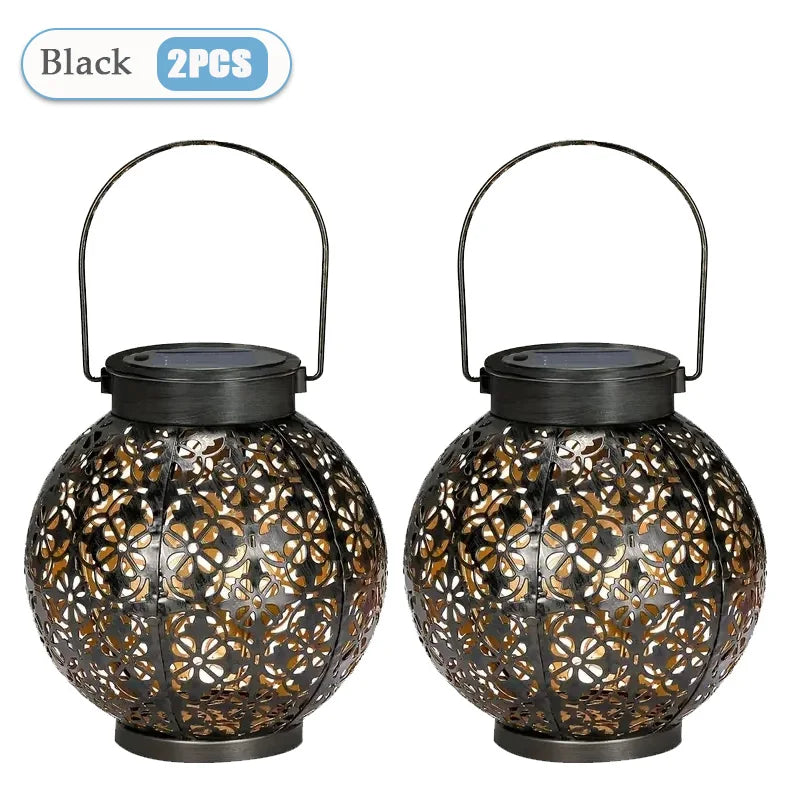 Solar Garden Light Outdoor Garden Decoration Solar Lights Metal Waterproof Round Lantern Lights Hanging Hollow Projection Lights