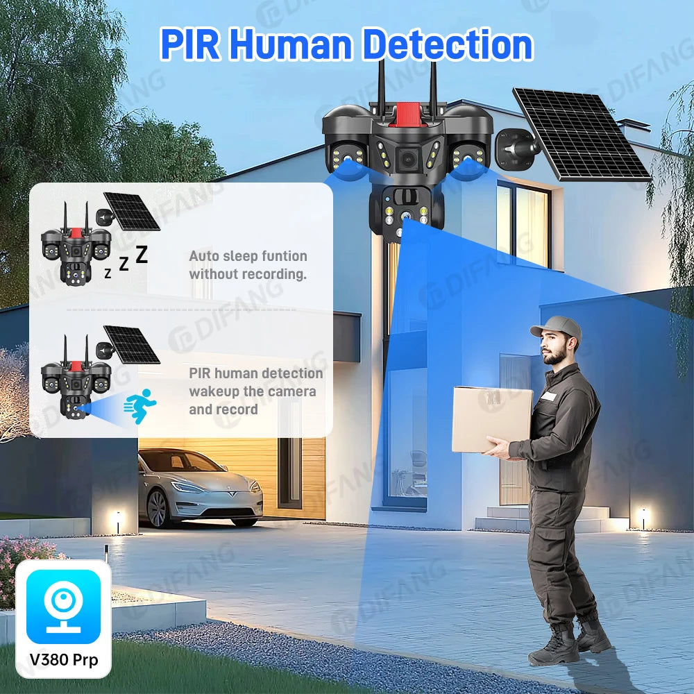 Wireless WiFi Solar Camera Three Lens Three Screen 4G Sim Card Solar Cam Human Detection Outdoor Solar Surveillance V380