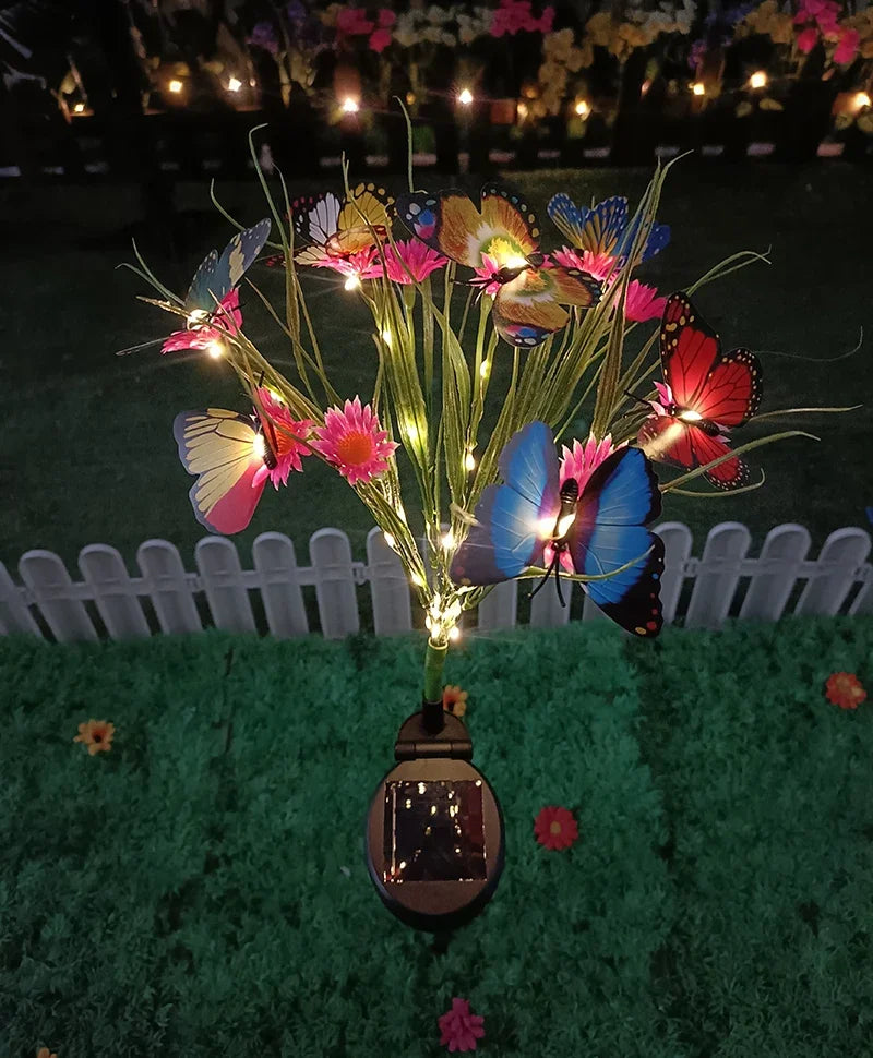 Solar Garden Lights Wild Flower Chrysanthemum Stake Lawn Lamp Waterproof Garden Butterfly Lamps Yard Art for Home Decoration