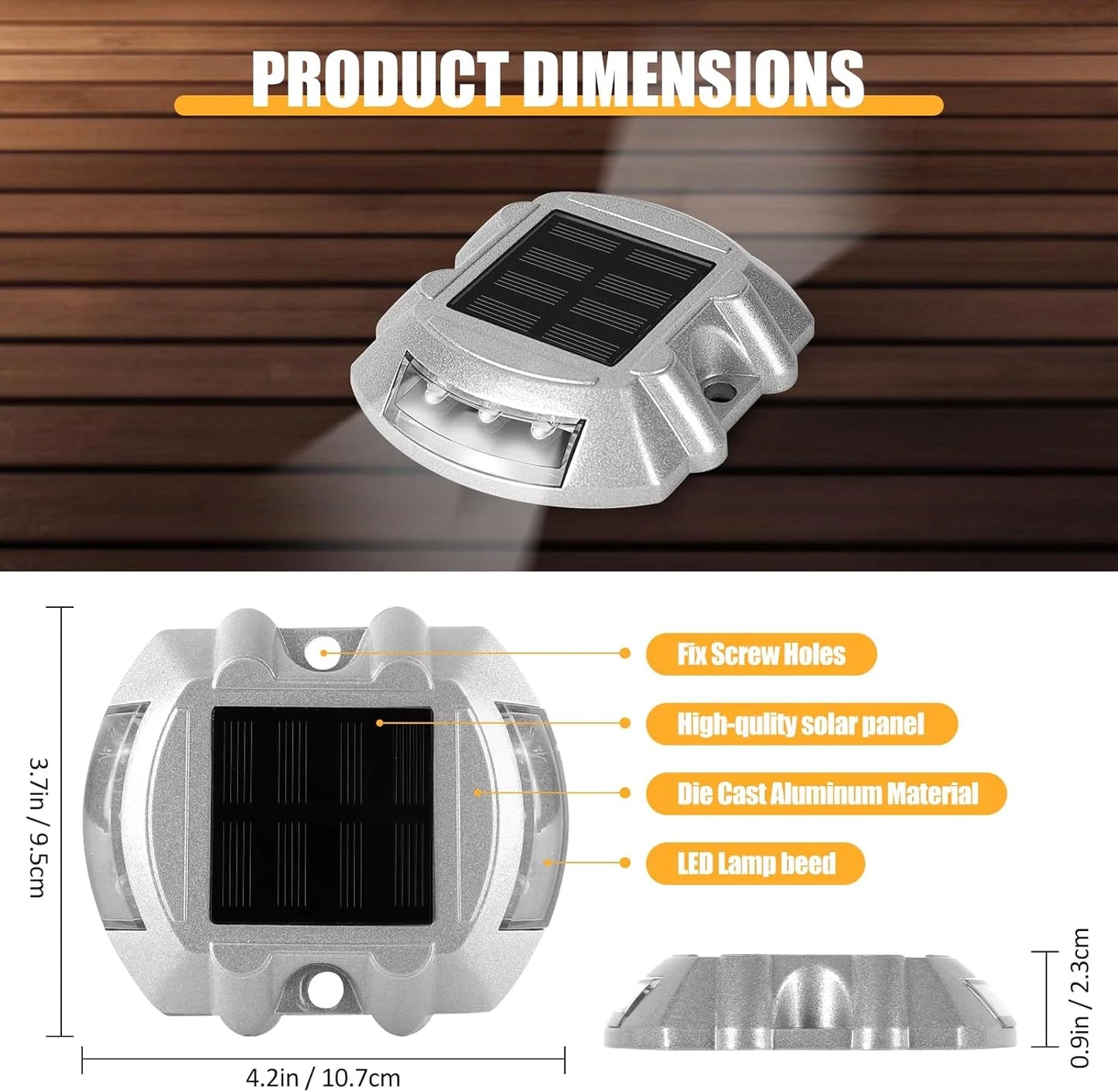 Solar Deck Lights Driveway Dock Lights, 2-Pack Led IP67 Waterproof Outdoor Warning Step Lights for Driveway Sidewalk Garden Path