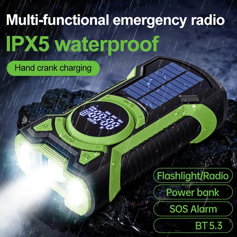 Solar Emergency Weather Radio Waterproof Hand Crank Weather Alert Radio 5000mAh Bluetooth-Compatible5.3 LED Flashlight SOS Alarm