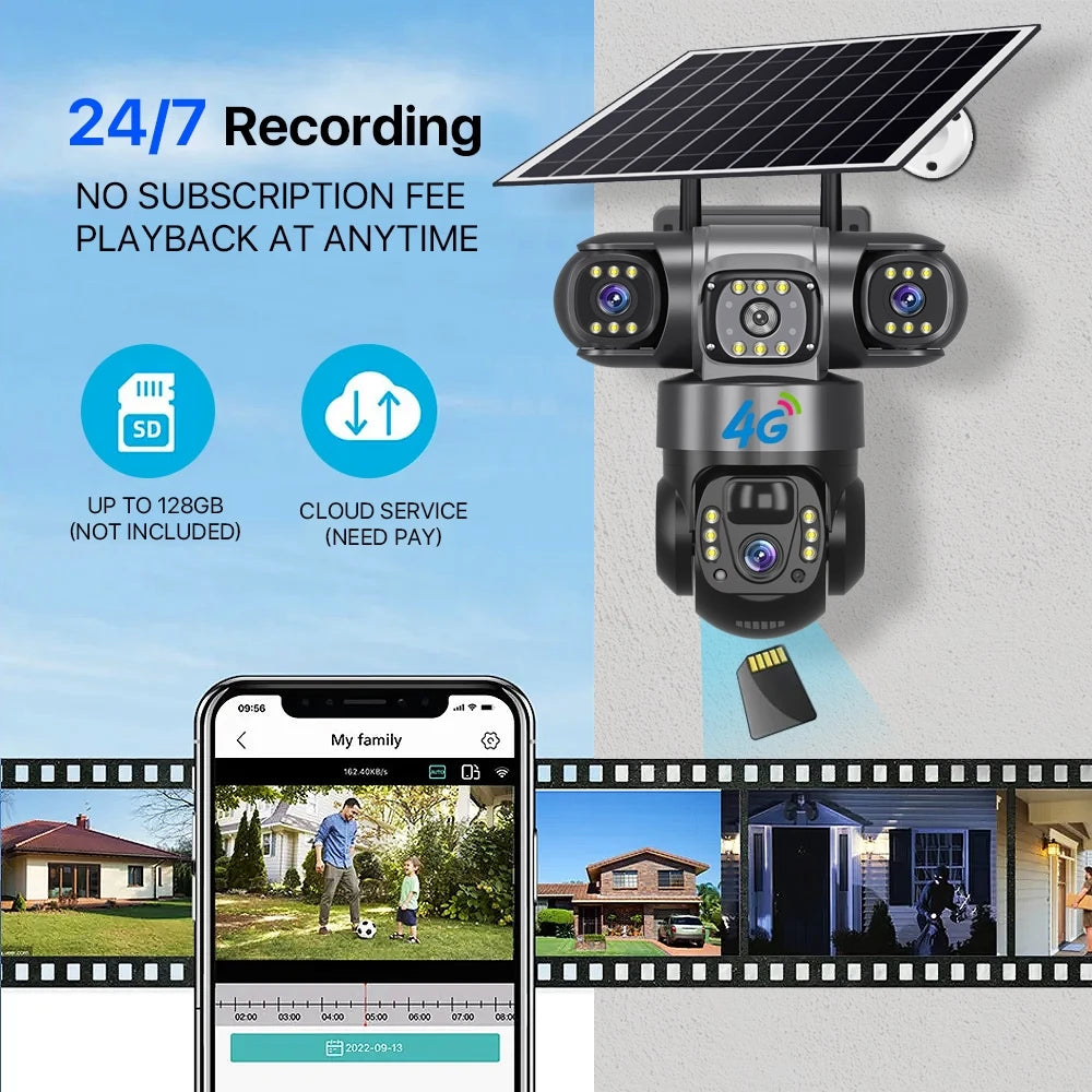 Solar 4G Camera With Sim Card 12MP 6K Three Lens Three Screen Monitor Night Vision Security Protection PTZ Video Surveillance