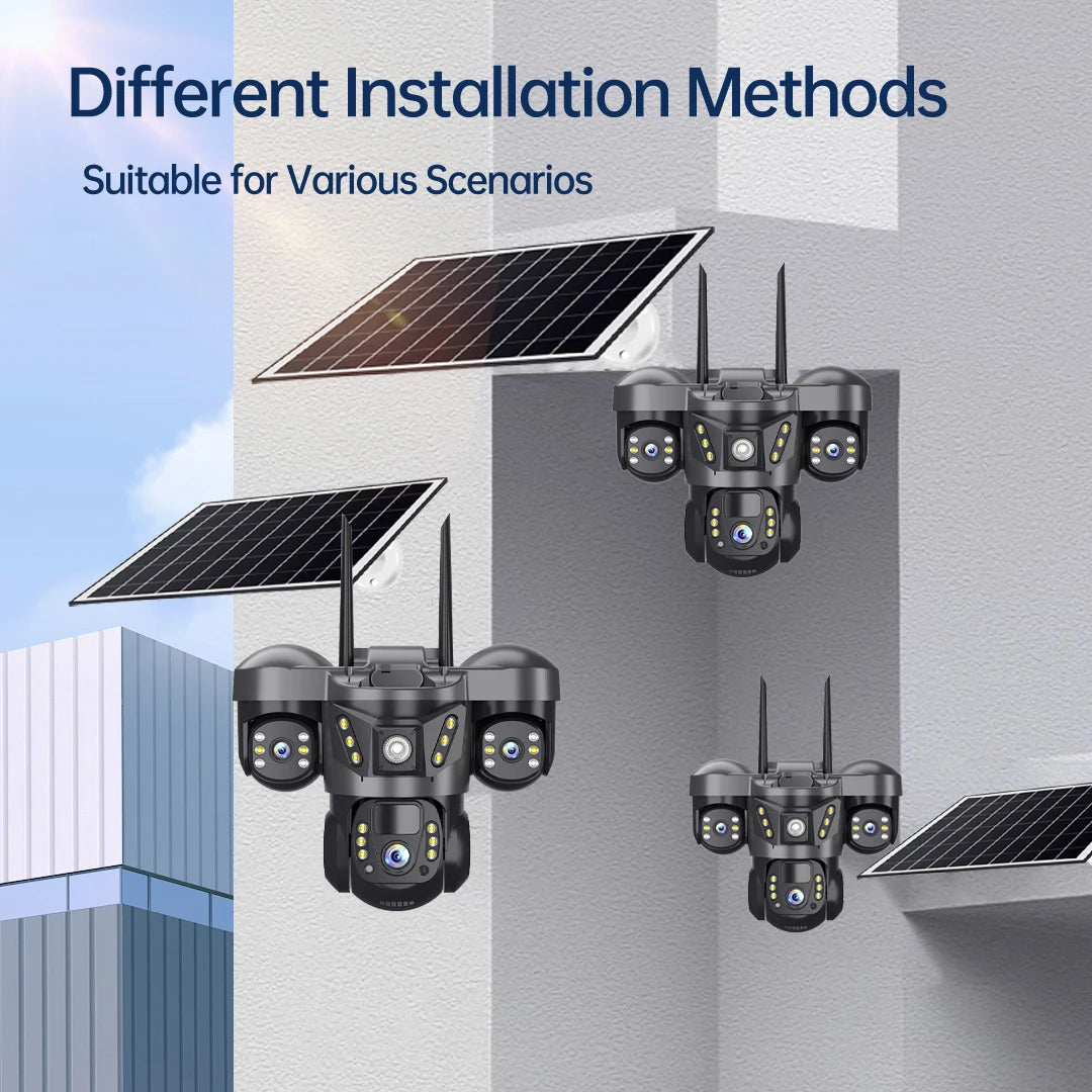 Solar 4G Camera 15MP Triple Lens Triple Screen 10x Zoom Outdoor Waterproof Battery Surveillan PIR Human Detection V380 Pro Cam