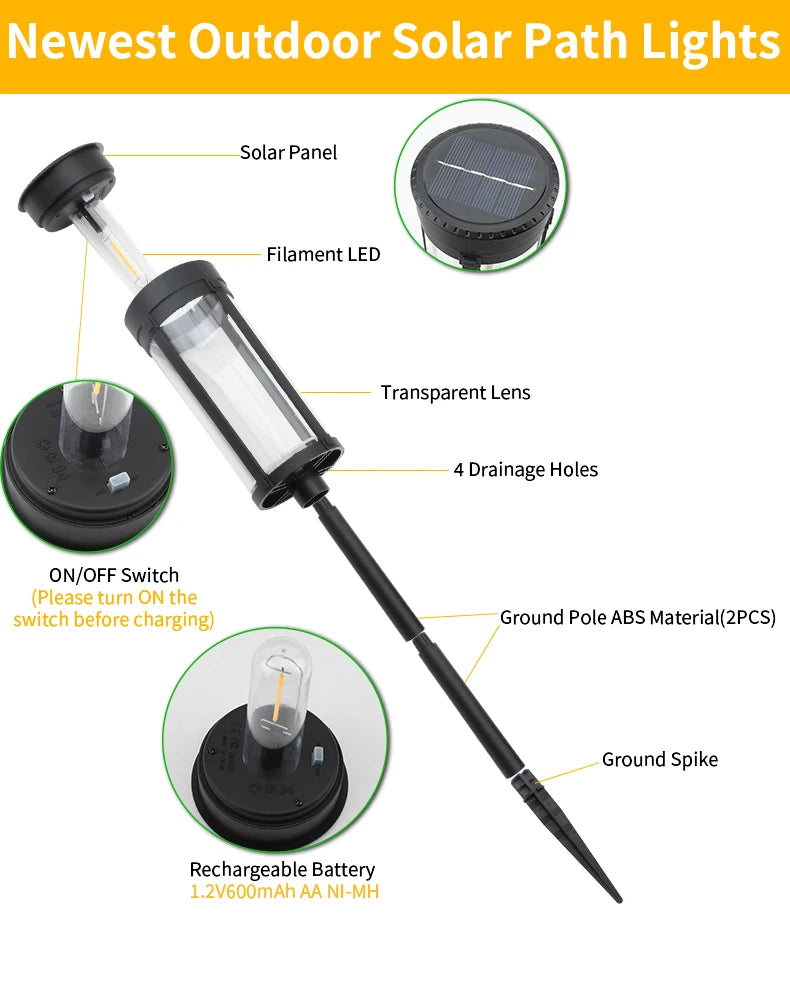 2PCS Solar Pathway Warm Lights Outdoor Waterproof Solar Powered Garden for Walkway Yard Backyard Landscape Lighting Decorative