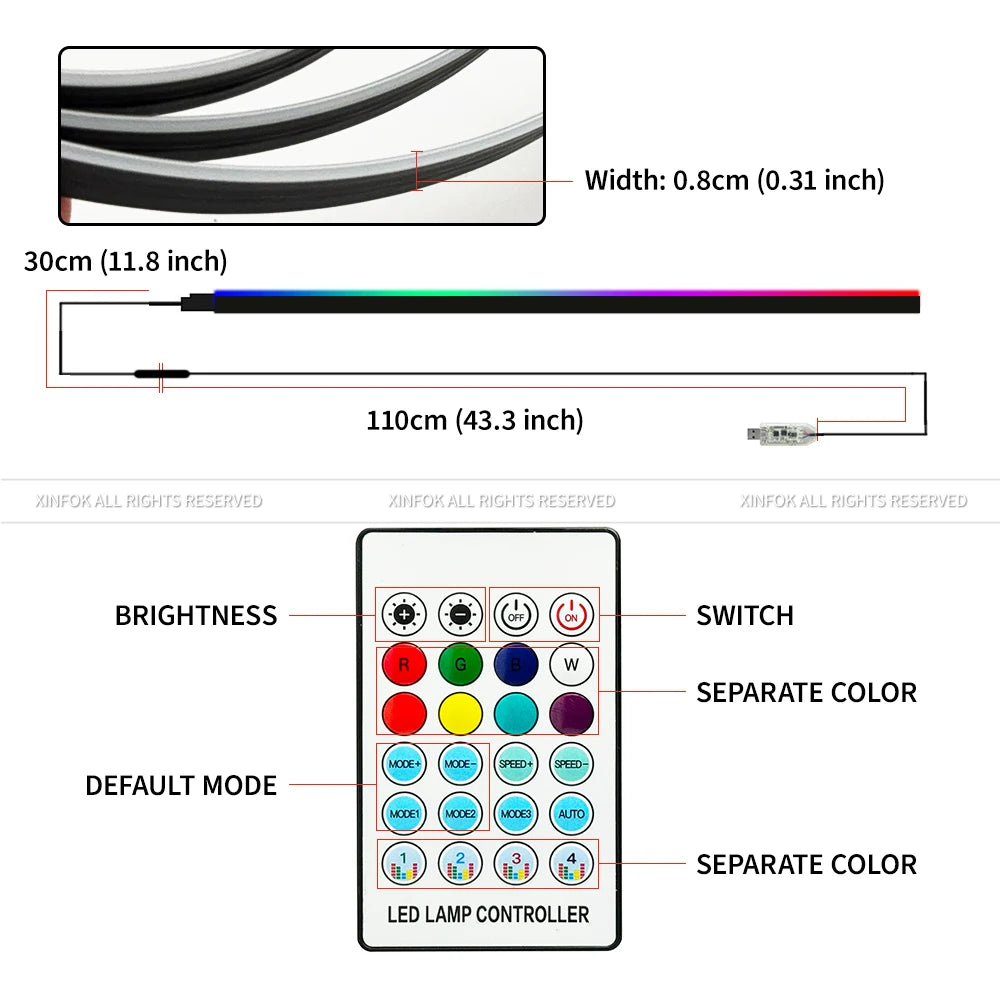 110cm APP Control Car Ambient Lights LED Interior RGB Symphony Atmosphere Light Acrylic Strips Dashboard Decoration Sunroof