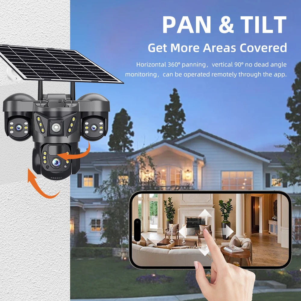 15MP 4G Solar Camera PTZ Outdoor CCTV Triple Lens Three Screen PIR Colour Night Vision Weatherproof V380 PRO Cameras