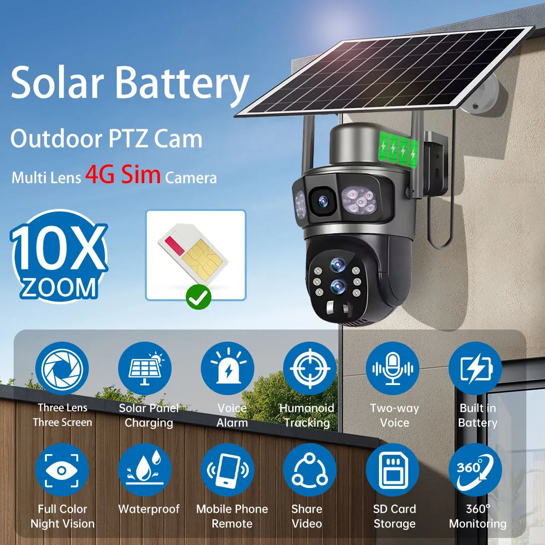 Solar Camera 4G Sim Three Screens 10X Zoom 6K 12MP Outdoor Surveillance Tracking Wireless Security Cameras Cctv Solar Power Cam