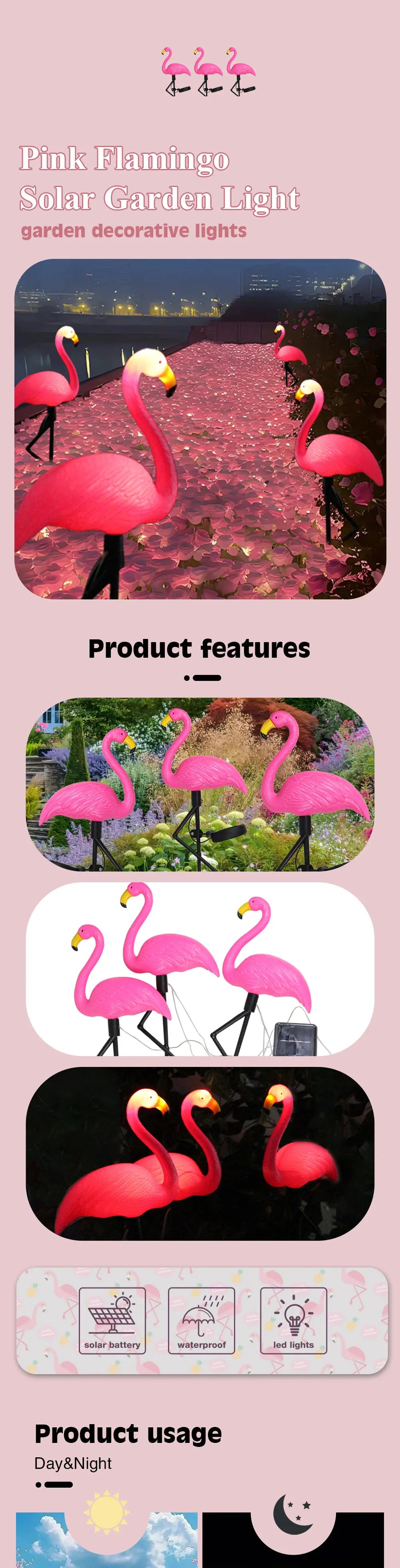 Solar Flamingo Light Outdoor Courtyard Decoration Garden Decor Stake Lights Waterproof LED Patio Walkway Light Lawn Lamp