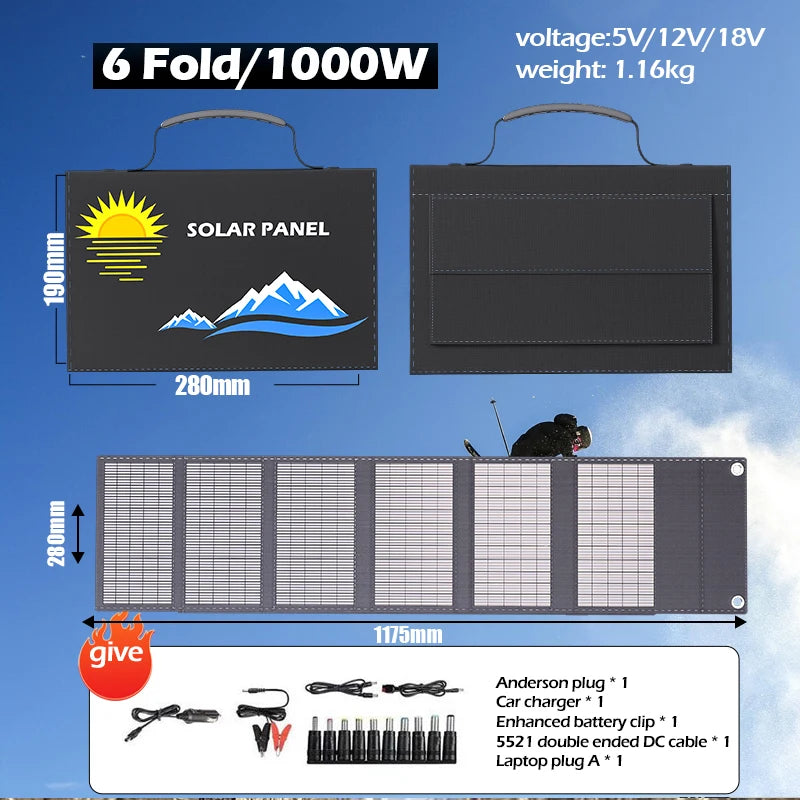 2025 exclusive 1000W portable solar panel folding bag with USB+DC for outdoor hiking, camping, and mobile phone charging