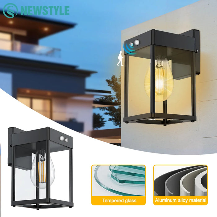 Solar Wall Lights Outdoor Waterproof 3 Modes Motion Sensor Porch Sconces Wall Mounted Light With Metal Frame Glass Shades Shed