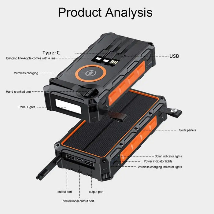 Solar Power Bank Hand-Cranked Battery Bank Charger With LED Light Foldable Powerbank Built-In SOS Alarm Function And Compass For