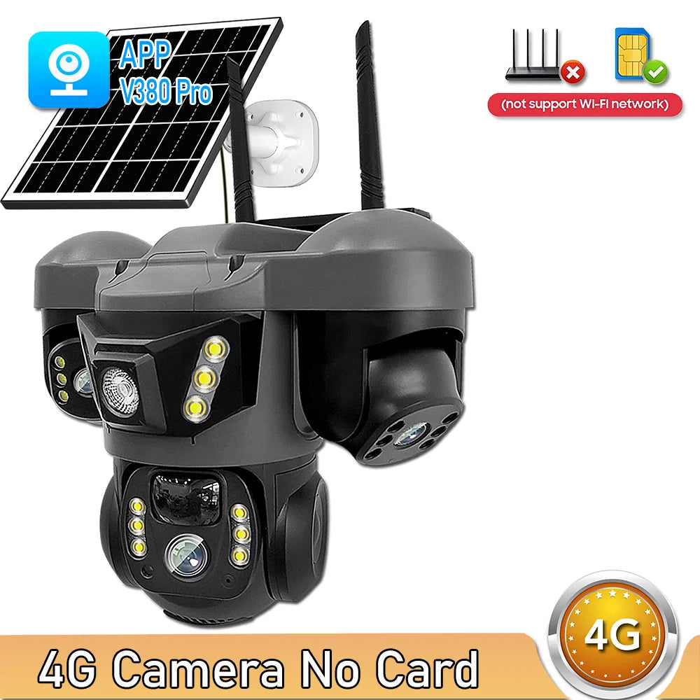 Solar 4G Camera 15MP Triple Lens Triple Screen 10x Zoom Outdoor Waterproof Battery Surveillan PIR Human Detection V380 Pro Cam
