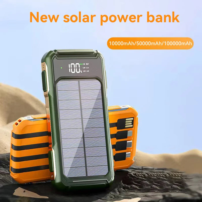 4-in-1 Solar Power Bank Built-in-cables 100000mAh High Capacity Charger Fast Charging Intelligent Digital Display Battery 2025
